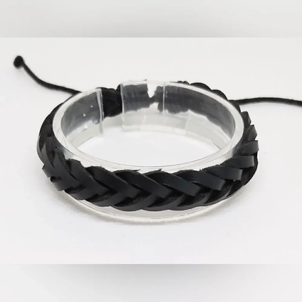 Men's leather bracelet braided black‎ new e16